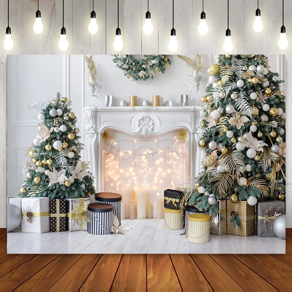 Merry Christmas Backdrop Interior White Fireplace Xmas Tree Photography Background Kids Family Party Wall Decoration Photoshoot