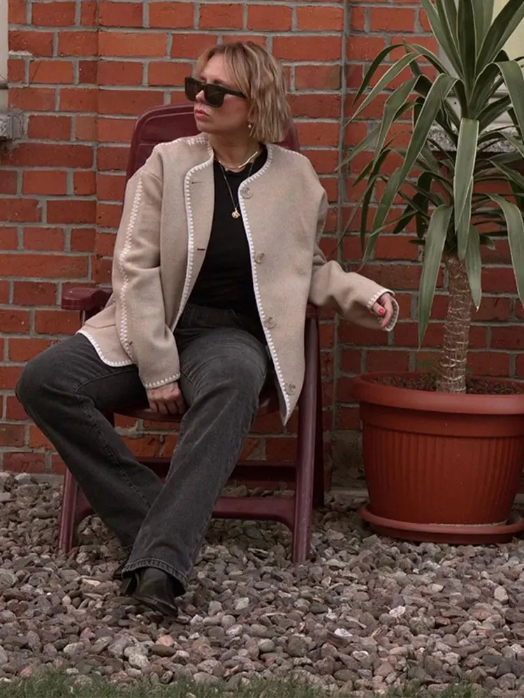 

Casual Solid Spliced Woolen Coat For Women Chic O-neck Single Breasted Pockets Cardigan 2023 Autumn Lady High streetwear