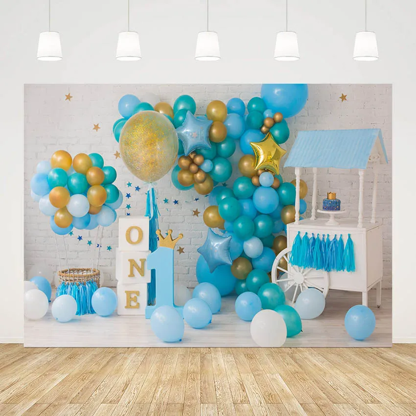 

Mehofond Little Cakes Crown Booth Photography Background Blue Balloons Boy1st Birthday Cake Smash Decor Backdrop Photo Studio