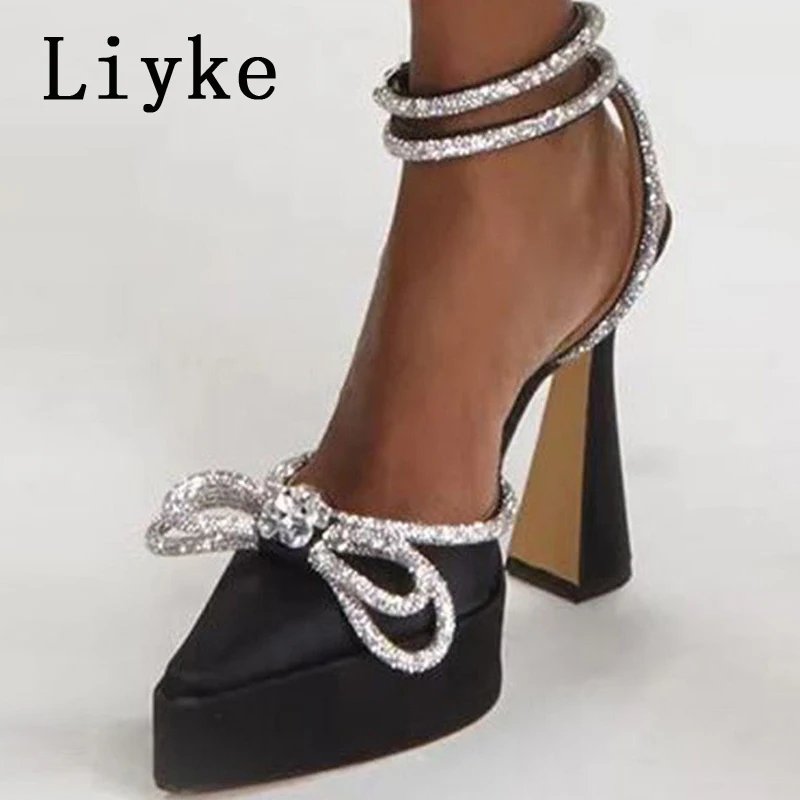 

Liyke Runway Style Catwalk Women Platform Pumps Sandals Fashion Crystal Rhinestones Bowknot Ladies Wedding High Heels Shoes Red