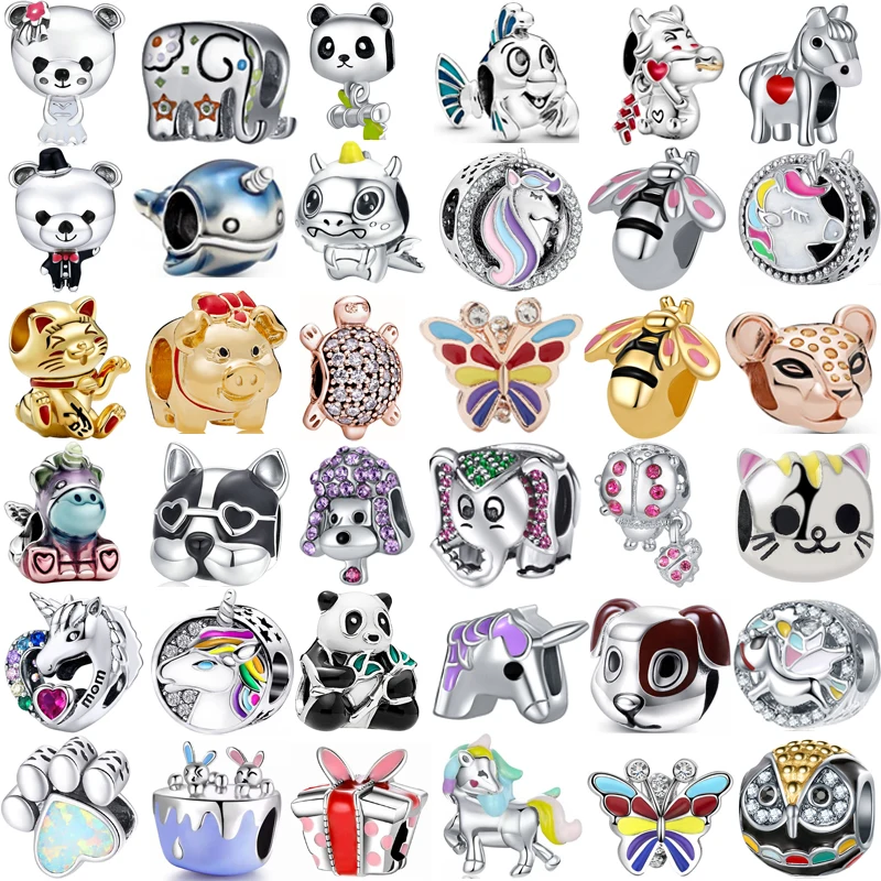 

Милые бусины в виде животных, счастливая кошка, медведь, единорог, панда, рыба, Бабочка, цветные бусины, подходят для шармов Пандоры, серебрян...