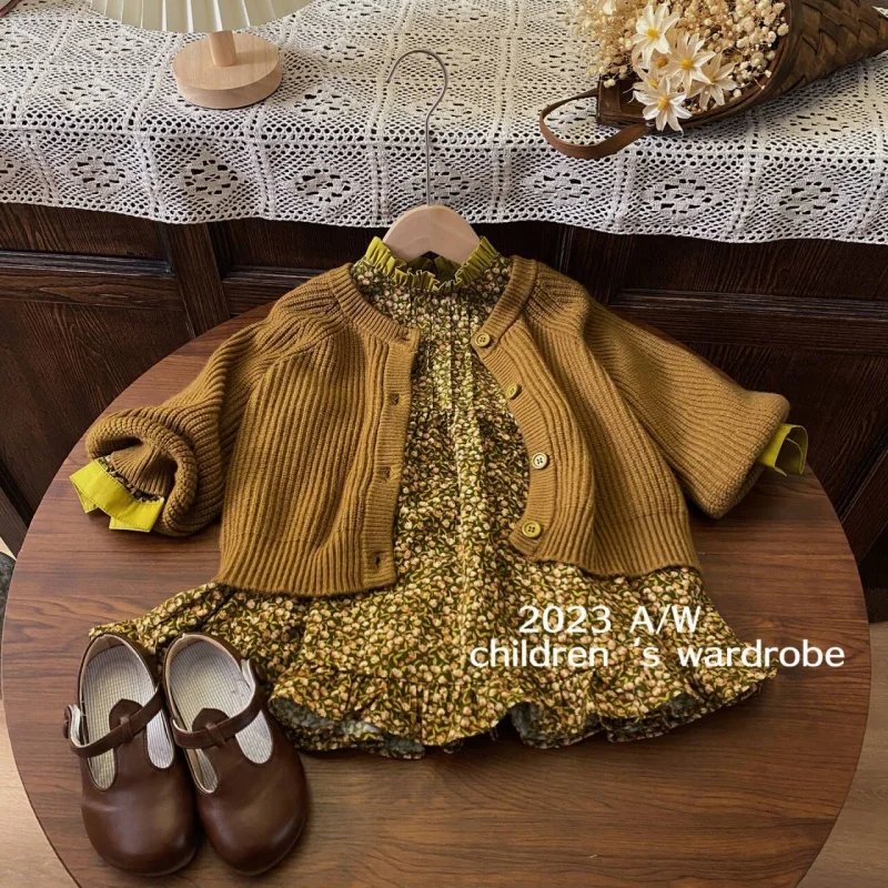

Children's Clothing Autumn New Western Style Girls' Floral Dress Suit Children's Knit Cardigan Two-Piece Set