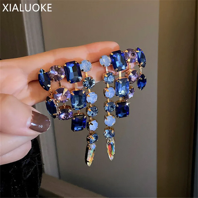 

XIALUOKE, винтажные геометрические серьги с зелеными кристаллами, большие серьги, гипербола, стразы, серьги для женщин, ювелирное изделие, 2022