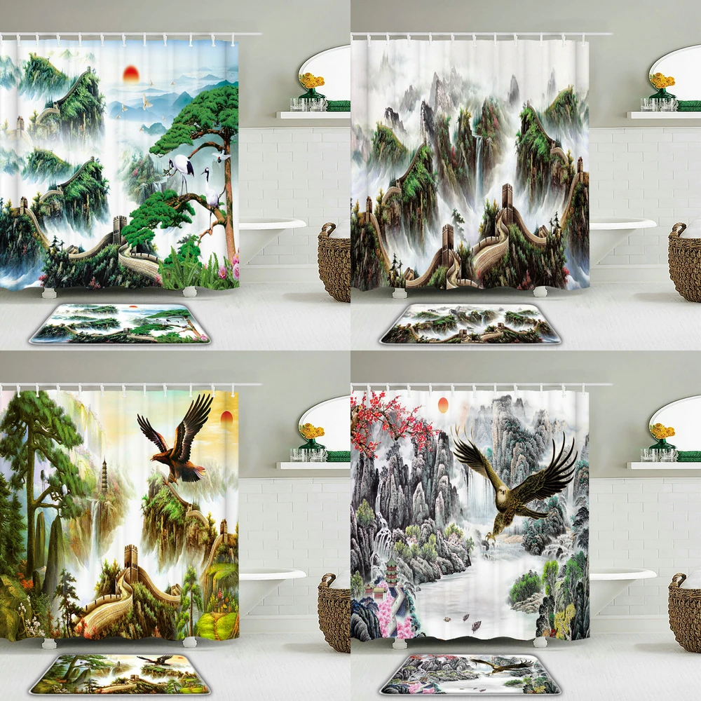 

Chinese style landscape Great Wall Printing Shower Curtain Set And Rug Bathroom Waterproof Fabric For Toilet Non-slip Mat Decor