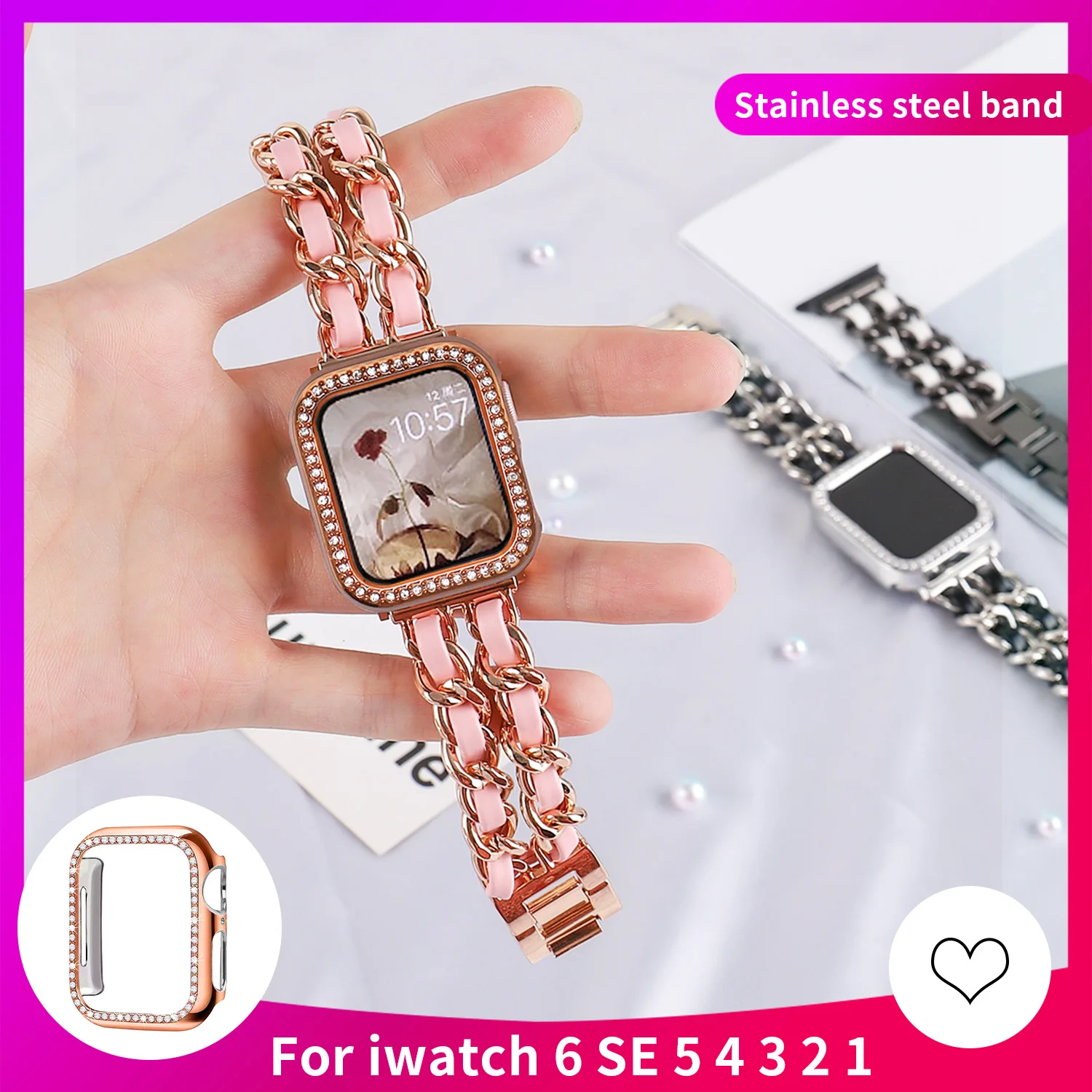 Stainless Steel Leather Bracelet+Diamond Case for Apple Watch Series 6 Se 40mm 44mm Watchband Strap on iwatch band 432 38mm 42mm