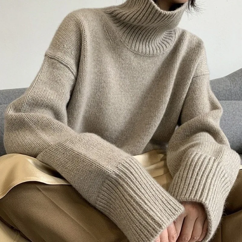 

traf Autumn Winter New High Collar European Underlay Knitwear Loose And Lazy Solid Color Simple Style Pullover Sweater For