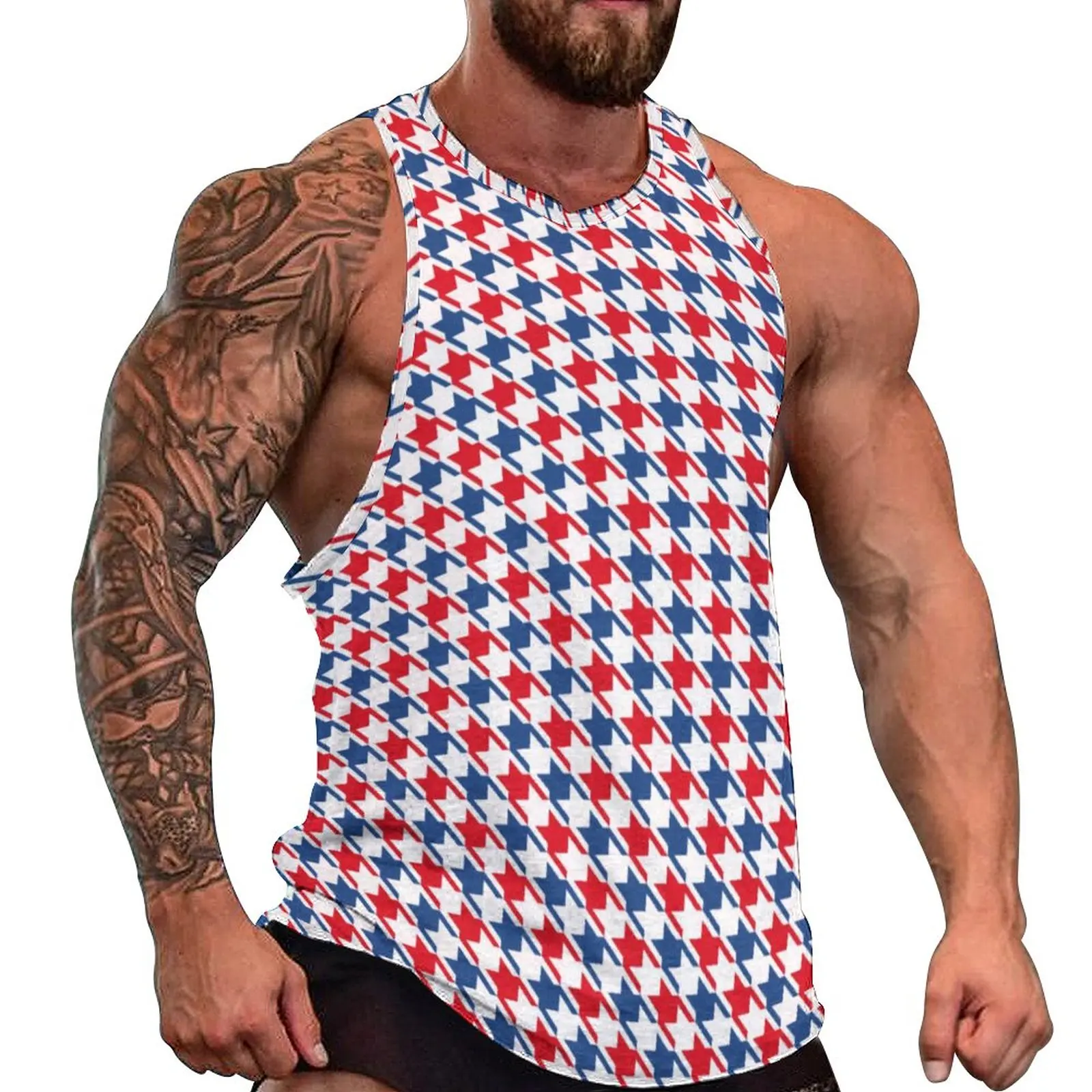 

Retro Houndstooth Summer Tank Top Red White and Blue Workout Tops Mens Printed Sportswear Sleeveless Shirts Plus Size