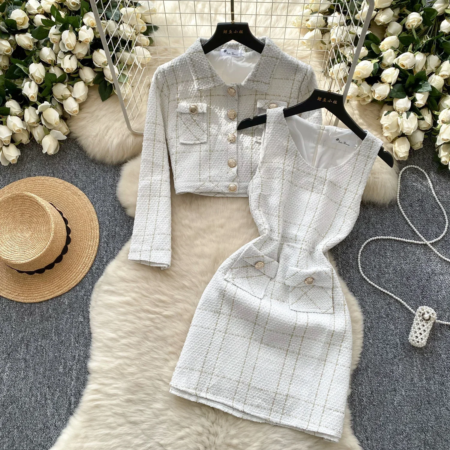 Женский клетчатый комплект из двух предметов облегающий однобортный жакет с