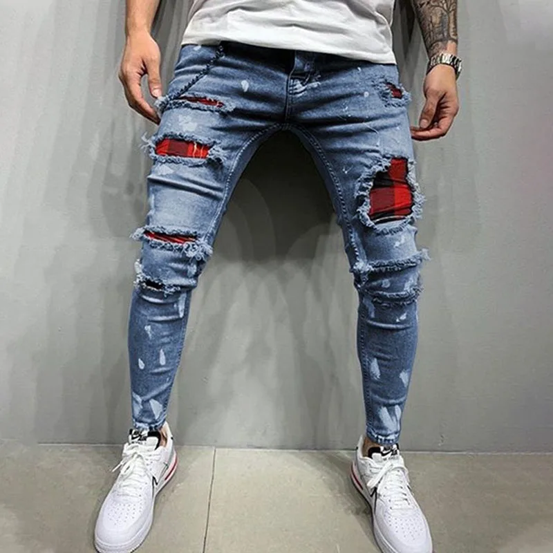Ripped Jeans Men Fashion Skinny Grid Beggar Patches Slim Stretch Casual Denim Pencil Pants Painting Ripped Jeans For Men Black