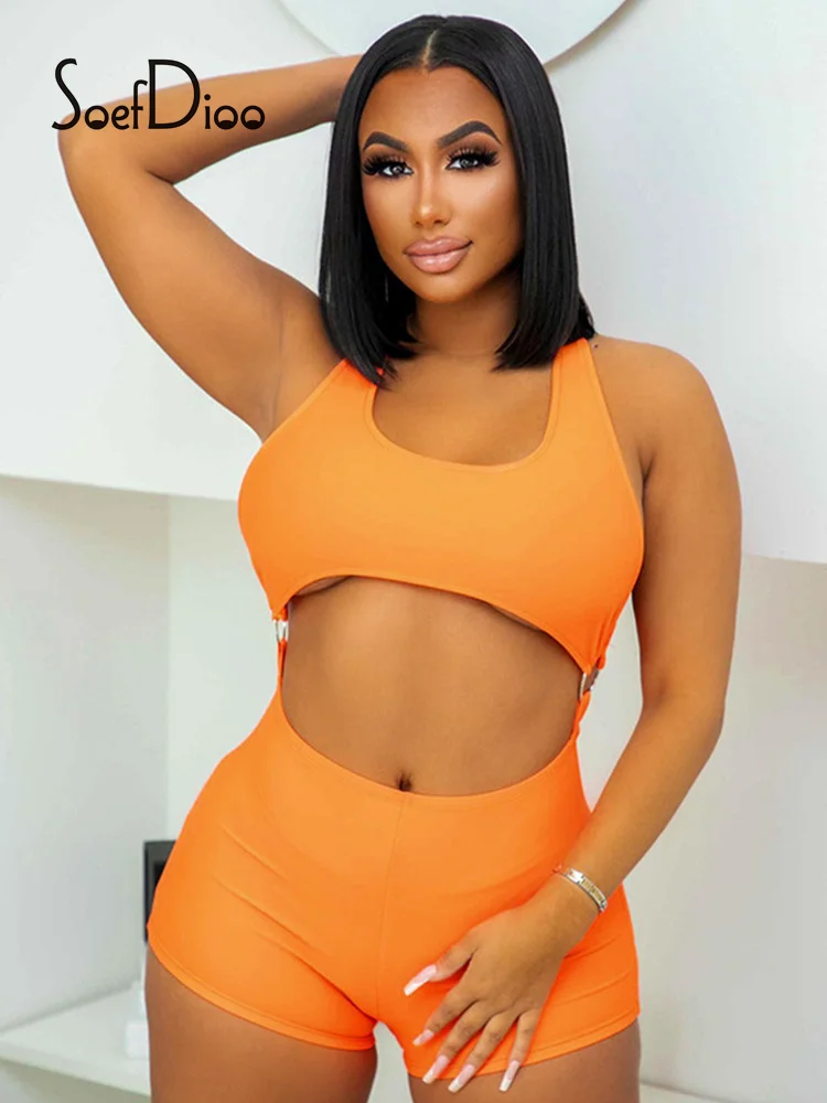

Soefdioo Orange Circular Ring Stitching Playsuits Women Sexy Hollow Backless Bodycon Romper Autumn 2022 Sexy Fitness Sportswear