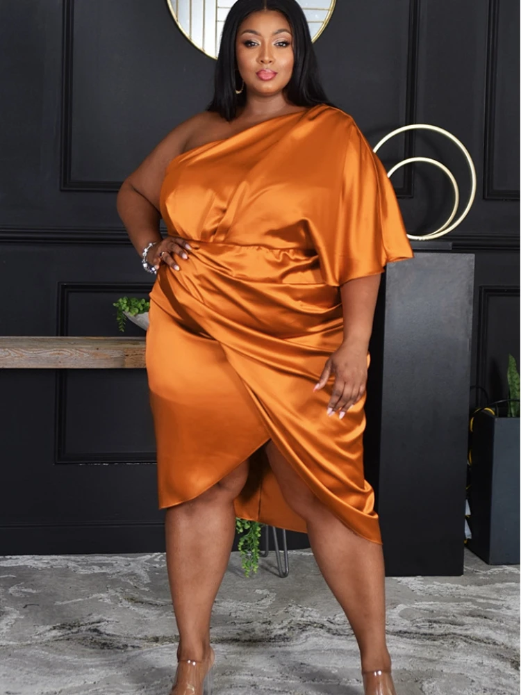 Plus Size Shiny Dress Women Sexy One Shoulder Pleated Robes Femmes Satin Knee Length Short Sleeve African Dresses 2022 Summer