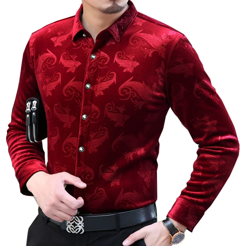 

Men Silk Shirt Bandana Paisley Formal Turn Down Collar Velvet Spring Autumn Floral Flower Pattern Shirts