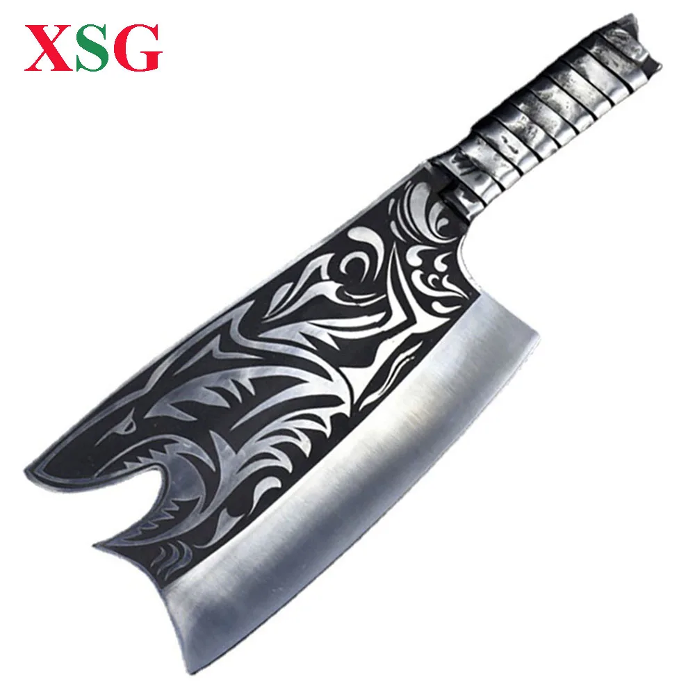 

XSG Big Machete Bone Chopper Longquan Chop Knife Hand Forged Beautiful Saw Shark Patterns Steel Handle Heavy Kitchen Knives