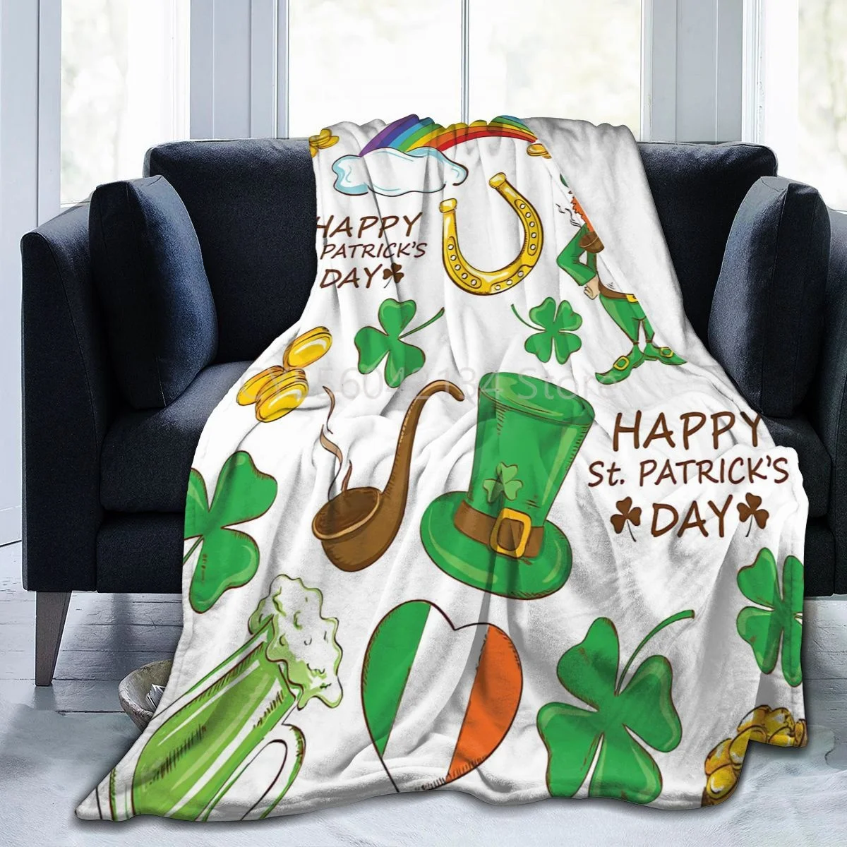 

Irish Beer Flag Hearts Rainbow Gold Shamrock Fuzzy Flannel Blanket Throw Blanket Winter Warm Blankets for Kids Teens Adults