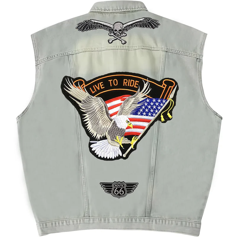 

Fashion Men Motorcycle Vest Jean Jacket Embroidery Patches Denim Vest Hip Hop Jean Coats Men Cowboy Sleeveless Jacket