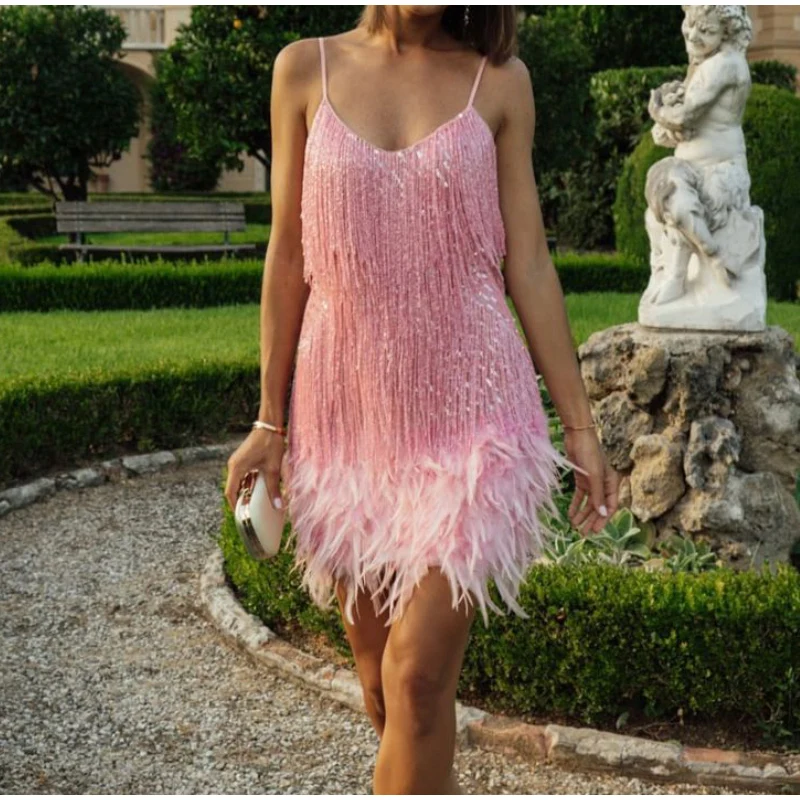 

Sequins Tassel Feather Spaghetti Strap Dress Women Fashion Sexy Stitching Mini Dresses Ladies Evening Party Club Elegant Dress