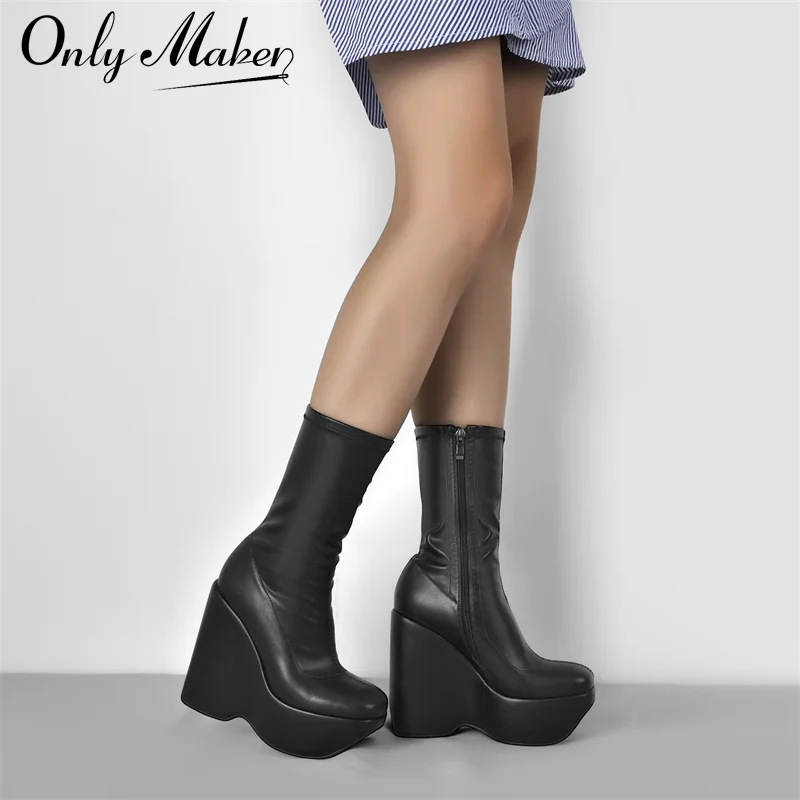 Onlymaker Women's Wedge Black Platform Zip Up Mid-Calf Boots  Ankel Boots Soft Leather For Party Dress Lady Matte Booties