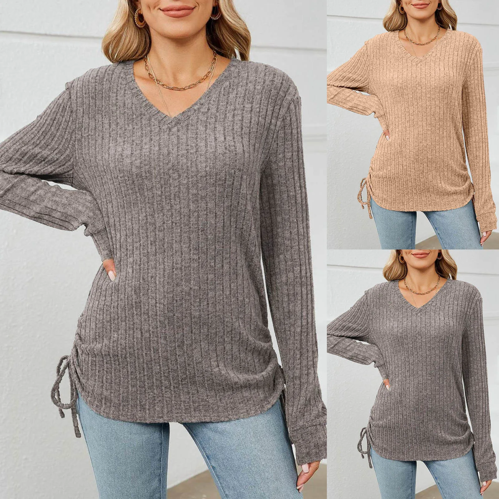 

Autumn Winter Women Top Sexy Fashion Side Drawstring Ribbed Knitted T-Shirt Long Sleeve Female Tops Dressy Casual Blouse Blusas
