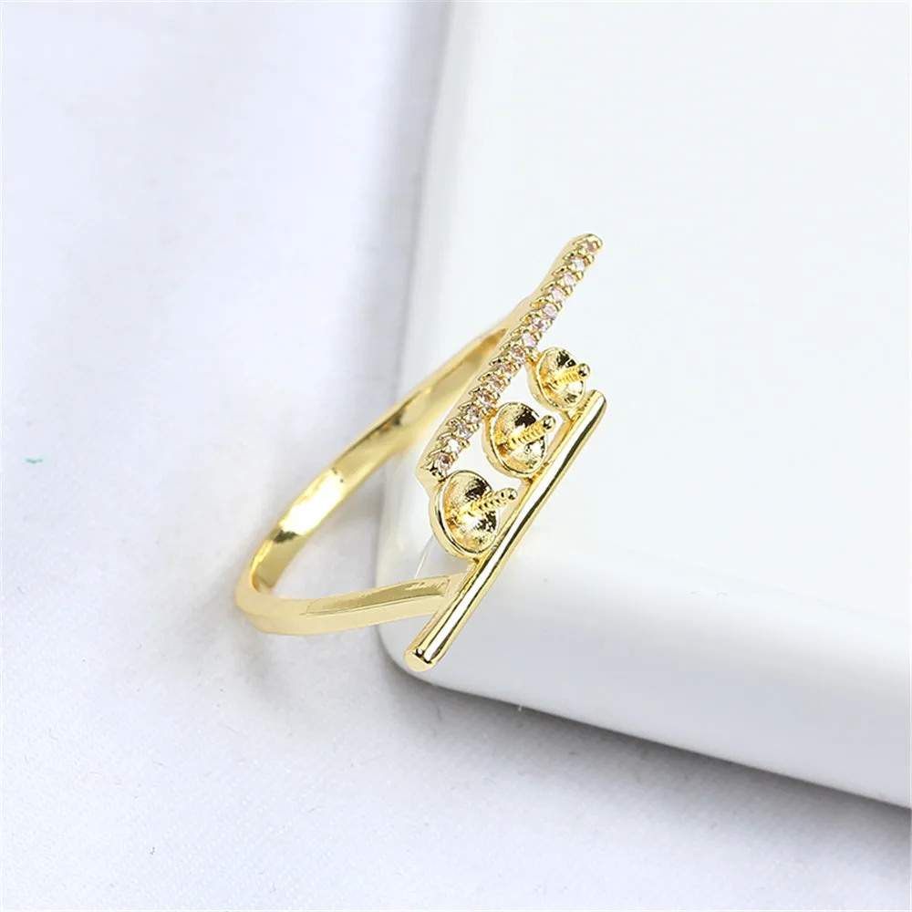 

China 14k gold injected three beads balance wood zircon pearl empty bracket closed ring DIY accessories personalized female