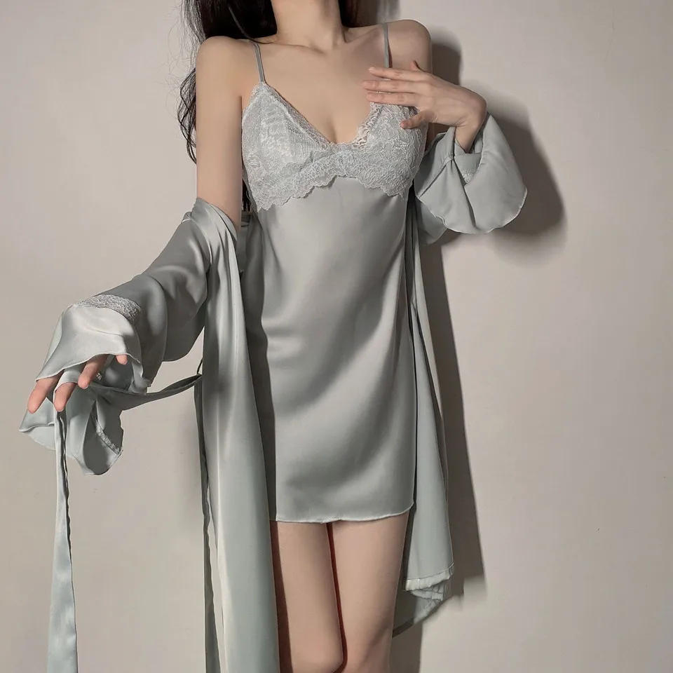 

Pink Women's Kimono Robe Gown Sets Sexy Black Lace Mini Nightdress V-Neck Cardigan Bathrobe Sleepshirts Lingerie Summer Homewear