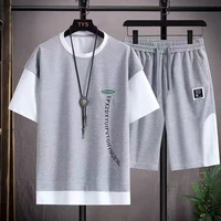 fashion brand stitching fake two piece short sleeve t shirt mens summer trend waffle half sleeve clothes leisure sports suit