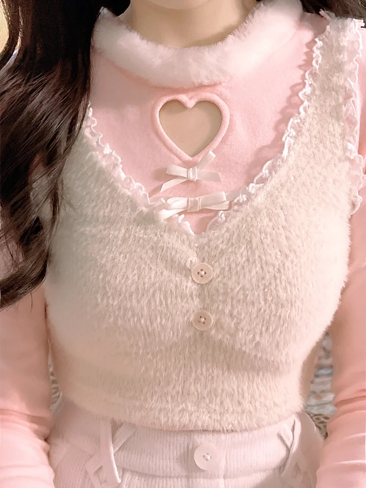 Зимний Розовый кавайный жилет в стиле &quotЛолита&quot для женщин 2022 кружевные