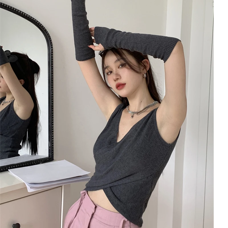 

Gray Hot Girl Knitted Y2k T-shirt Women's Summer Long Sleeves Cross Temperament Outer Wear Inner Crop Tops
