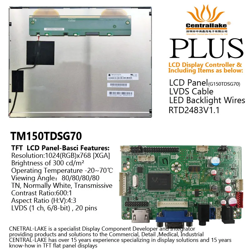 

Hot Sale for 15″LCD Industrial Display Screen Includes Controller Board RTD2483V1.1 plus 15 inch TM150TDSG70