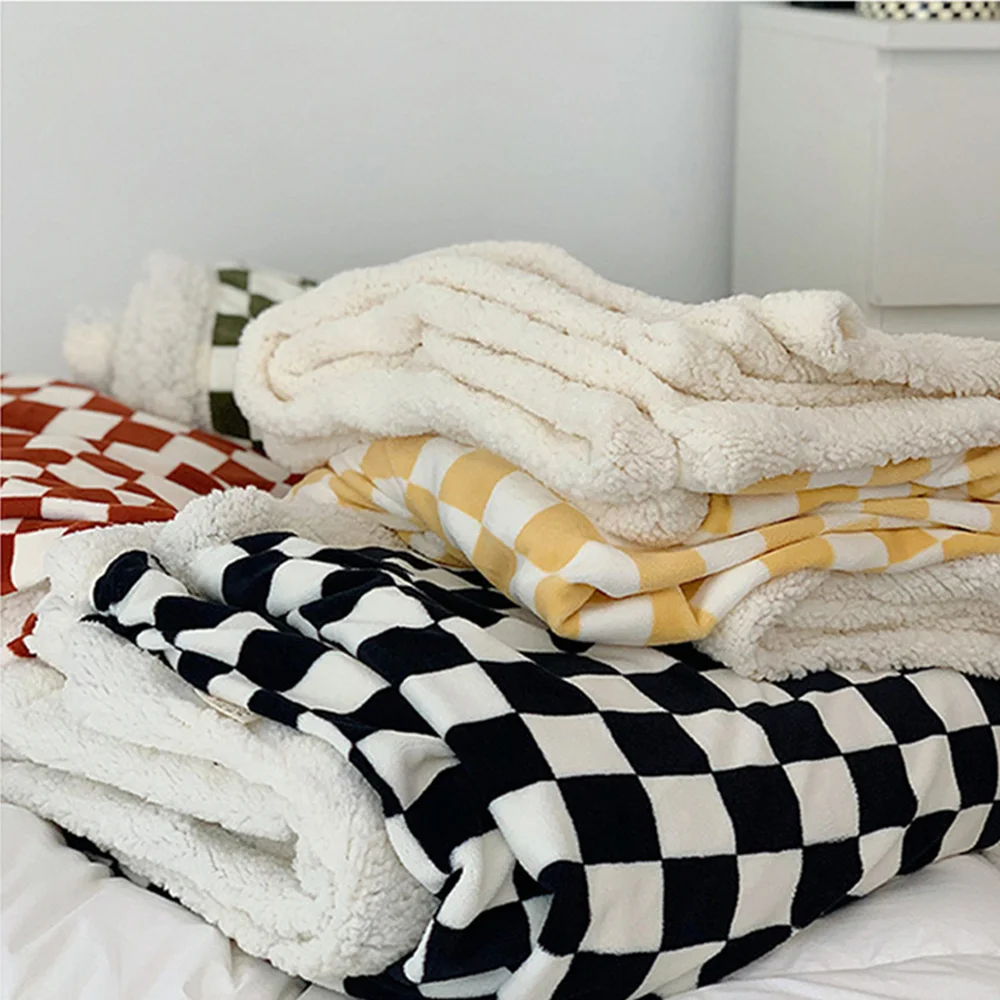 Yellow Checkerboard Blanket Plaid Milk Lamb Wool Single Quilt Double-layer Thickened Autumn Winter Warm Soft Beddings | Дом и сад