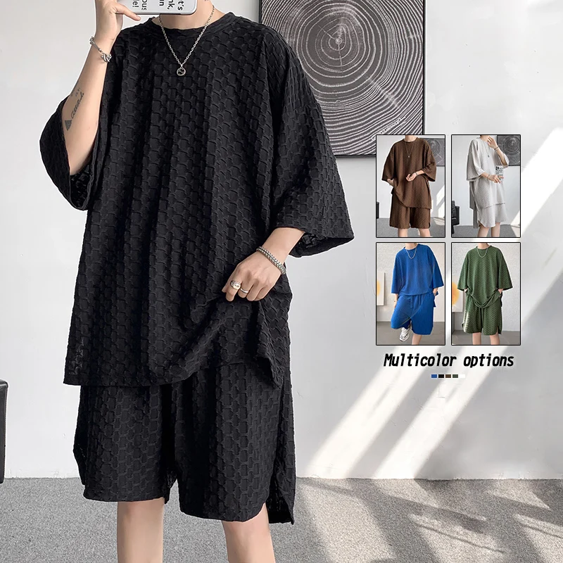 2023 New Summer 2pcs Men's Sets Short Set Clothing Loose Stretch Solid O-Neck T Shirts and Shorts Stylish Oversize Streetwear