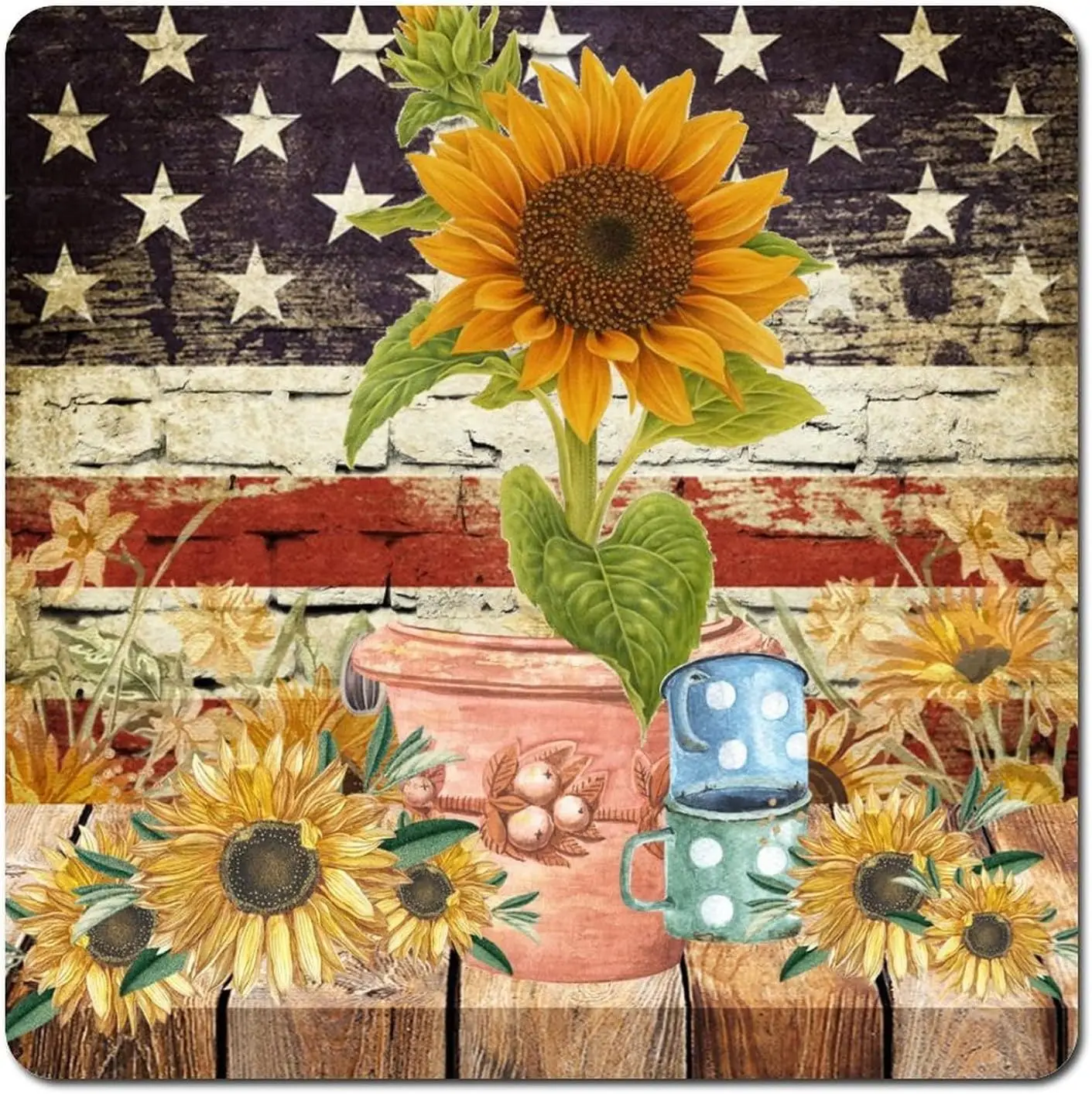 Оловянная вывеска Подсолнух в вазе винтажная металлическая на кирпичной стене