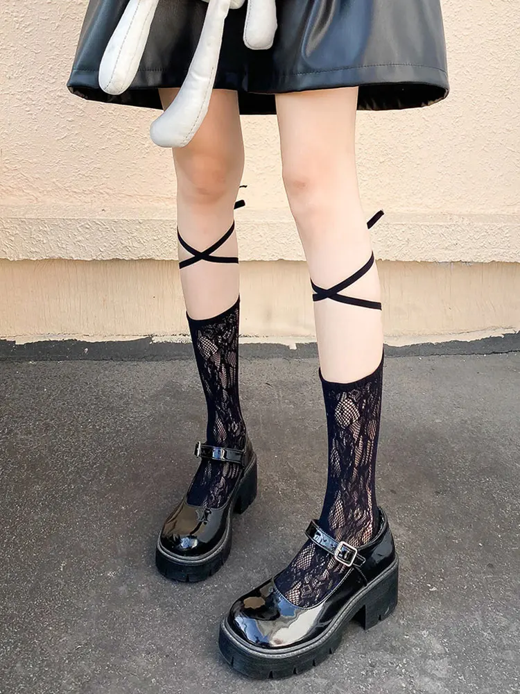 

Bandage Bowknot Stockings Over Knee Socks JK Lolita Lace Mesh Fishnet Knee Socks Sweet Girls Japanese Style Stockings Long Socks