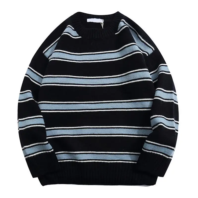 

Японский свитер в полоску оверсайз Пуловер черный белый Y2k винтажный вязаный осенний мужской джемпер трикотажная Свободная верхняя одежда для пар