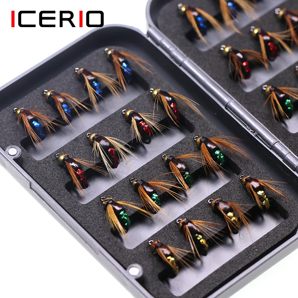 

ICERIO 32pcs/Box Bead Head Fast Sinking Nymph Scud Fly Bug Worm Trout Fishing Flies Artificial Insect Fishing Bait Lure