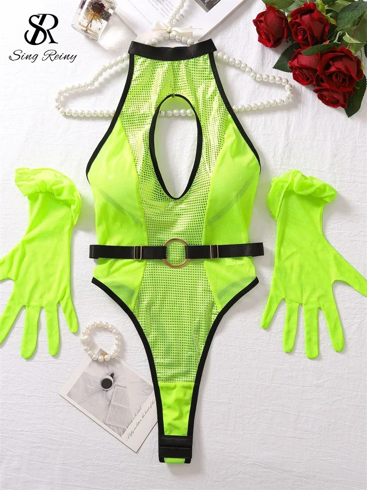 SINGREINY американское сетчатое сексуальное боди с перчатками чувственное нижнее