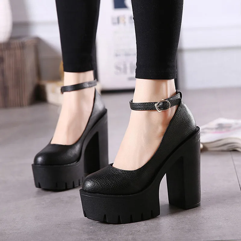 

2022 Spring Chunky Heeled Ankle Strap Pumps Sweet Platform Pink Square Heel Woman High Heels Pumps Platform Shoes Woman Shoes