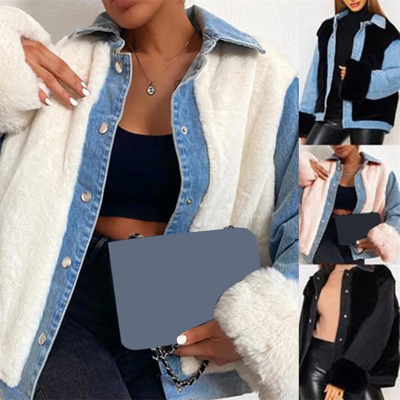 

Women Denim jacket casual patchwork plush lamb wool and denim stitching thick warm jacket short coatsautumn winter outwear tops