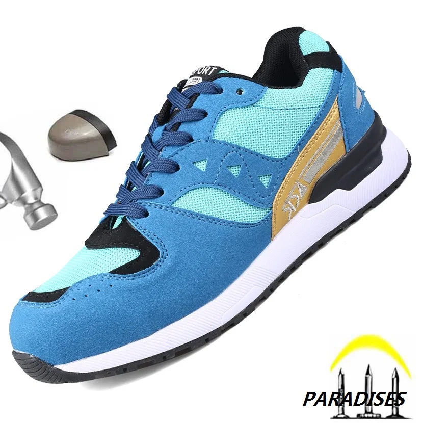 

New Work Safety Shoes Men Metal Toe Kevlar Midsole And Leather Upper Breathable Classic Boots 6KV Insulation Soft Blue Sneaker