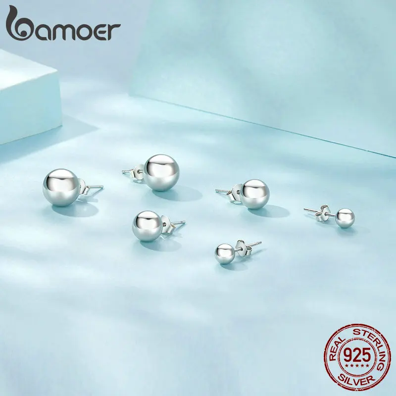 Простые Модные сферические серьги-гвоздики Bamoer из стерлингового серебра 925 пробы