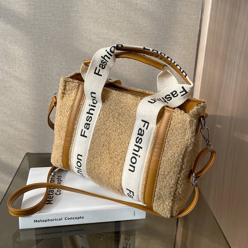 

Khaki Small Tote Bag For Women Soft Plush Handbag Purse Fashion Bag Pluffy Shoulder Crossbody Bags Warm Winter Shopper Bag Femme