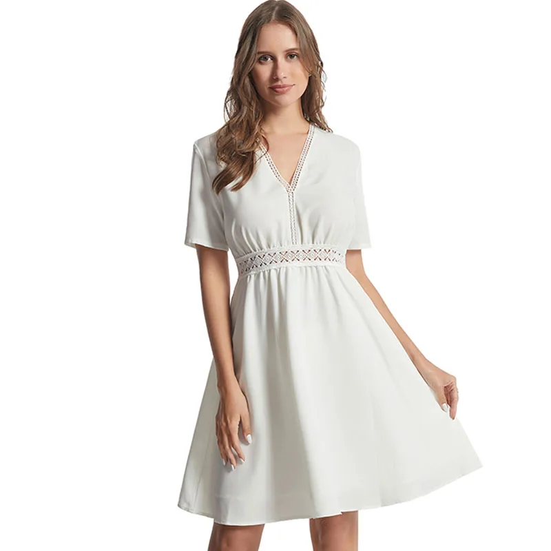 

2023 Summer Sweet White Chiffon Short-sleeve Lady Dress Elegant Short Dress Fashion Hollow-out V-neck Solid New Robe Femme 26981