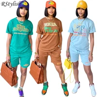 rstylish 2022 new casual 2 piece sets womens outfits short sleeve letter print t shirt shorts sportswear exercise tracksuit