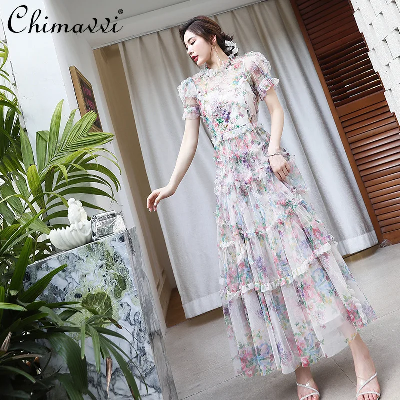 Fashion High Waist Slim Fit Ankle-Length Dress for Female 2022 New Summer Round Neck Short Sleeves Floral Dress Women's