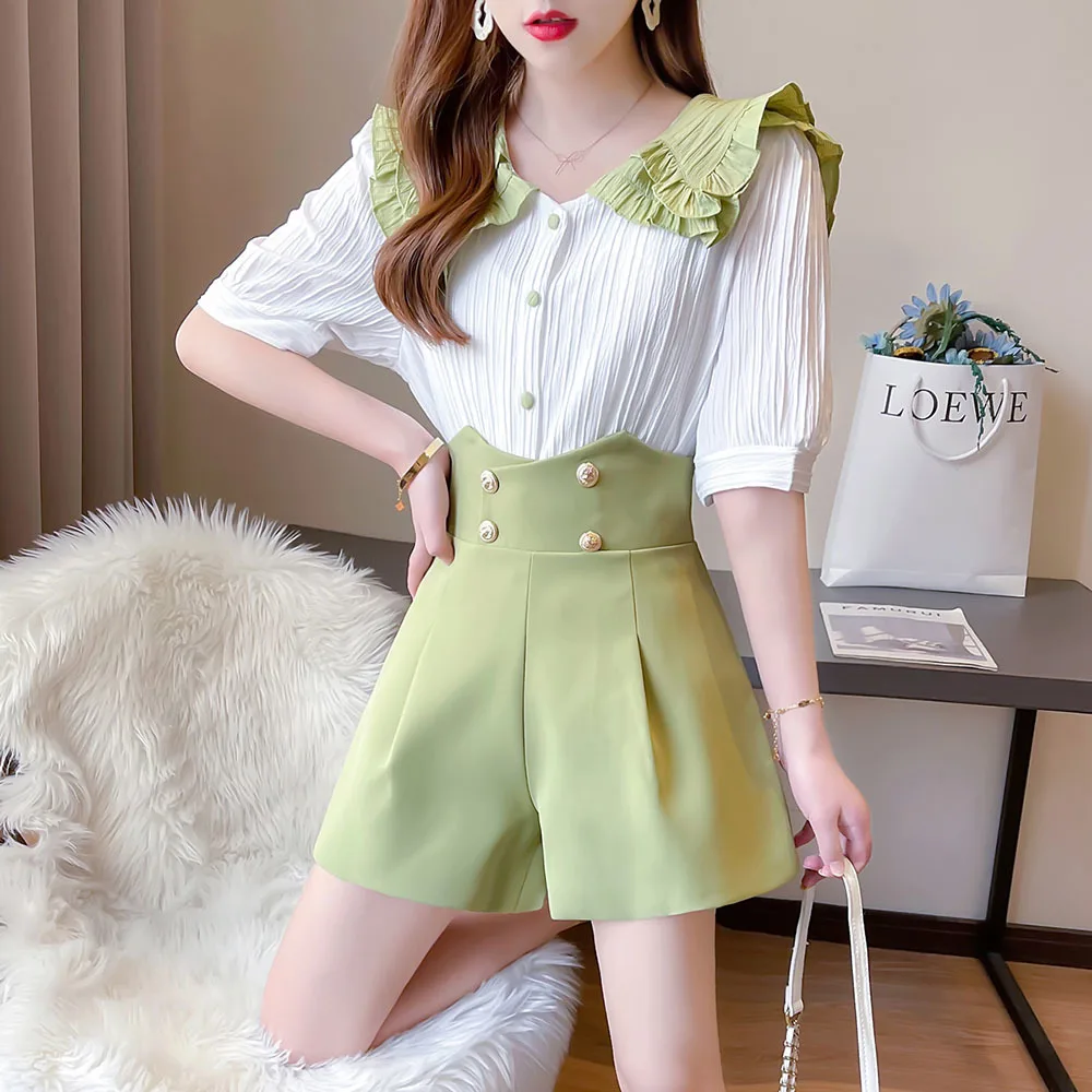 

2022 Summer New Shorts Suit All-match Doll Collar Shirt Tops High Waist Thin Wide-leg Shorts Girls Fashion Two-piece Set Womens