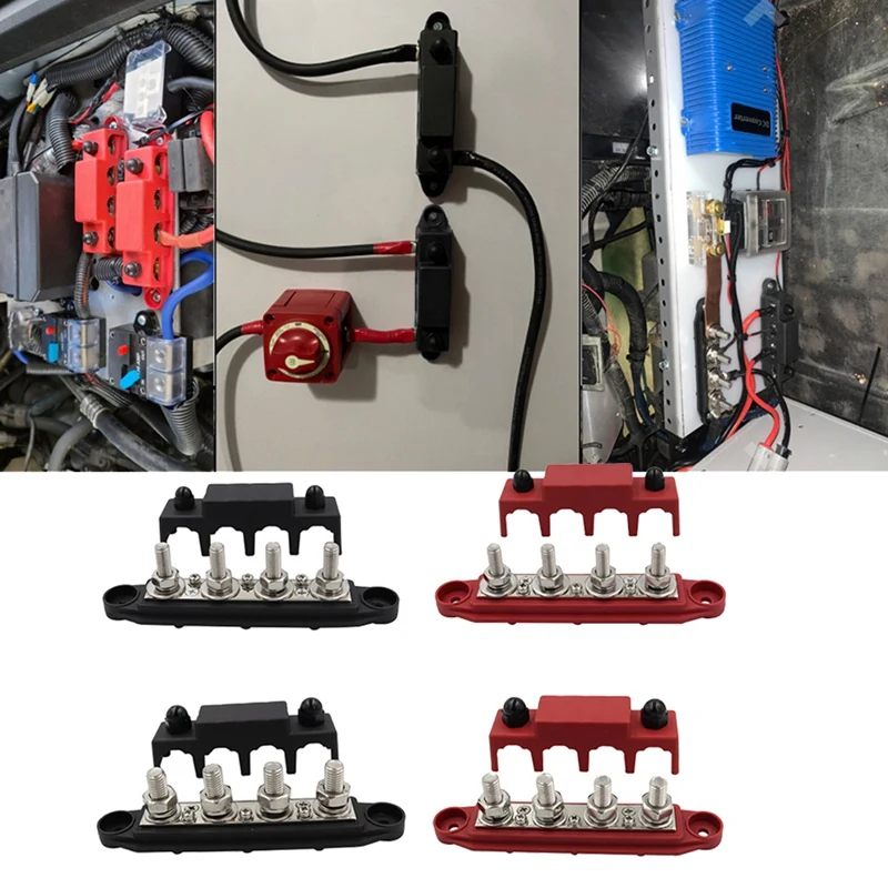 

4Pcs M8+M10 250A 4 Post Terminal Studs Busbar Battery Car Rv-Marine Cable Organizer Box Black+Red