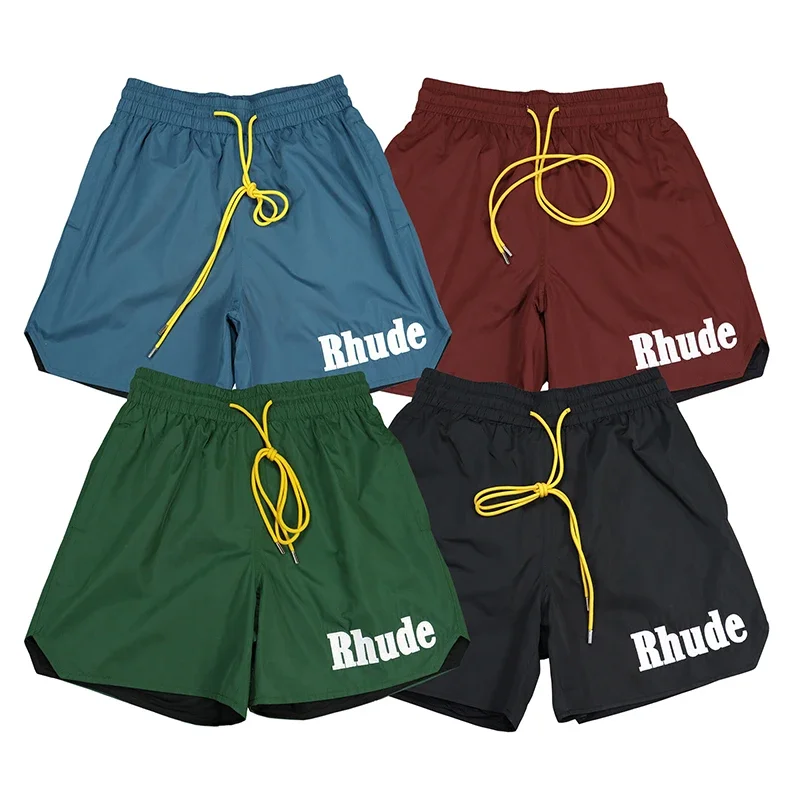 

2023ss y2k Letter Embroidery Logo Rhude Breeches Men Women 1:1 Blue Green Red Beach Pants Drawstring Pocket Inside Mesh Shorts