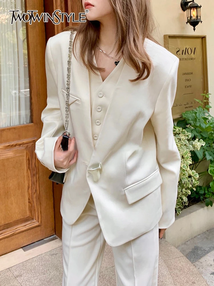 

TWOTWINSTYLE Casual Korean Fashion Blazer For Women V Neck Long Sleeve Solid Minimalist Blazers Female Spring Clothing Style New