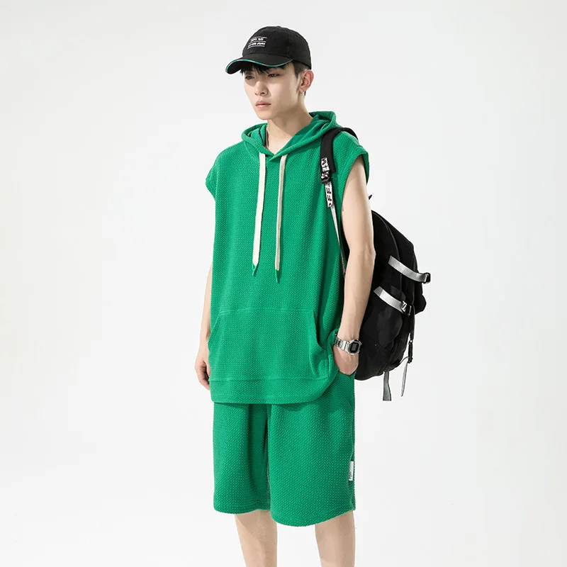 

7262 Men's Workout Sleeveless Hoodie With Drawstring Workout Solid Color Hooded Tank Tops Men Sport Fashion Shorts 2 Piece Set