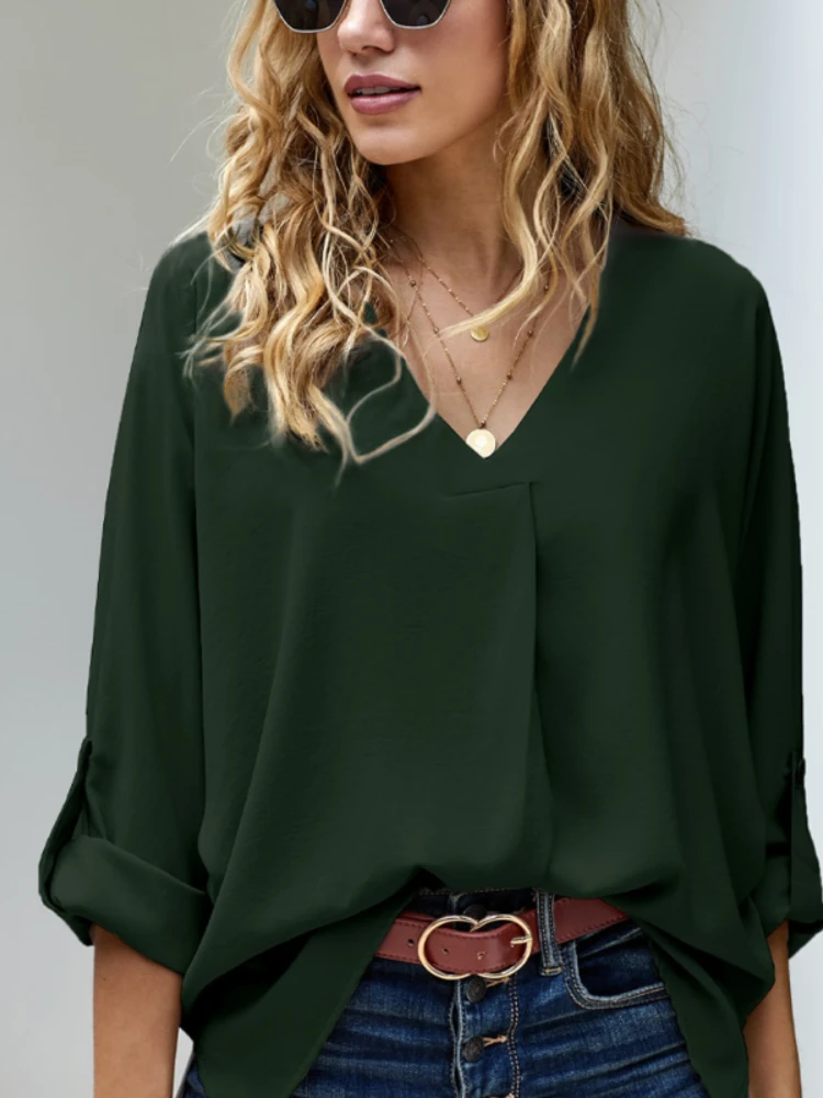 

Женский весенне-летний однотонный Модный женский Топ с длинным рукавом и V-образным вырезом