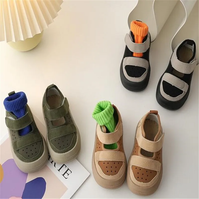 

Children Spring Summer Geunine Leather Sandals Boys Breathable Boys Lycra Hollow Cloth Shoes Baby Soft Bottom Barefoot Sandals